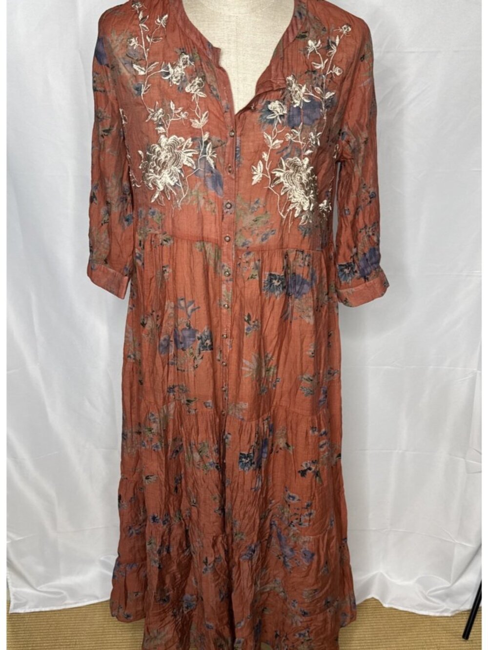 Aratta Silent Journey Women’s Size M Maxi Dress Rust Embroidered Floral Gauzy